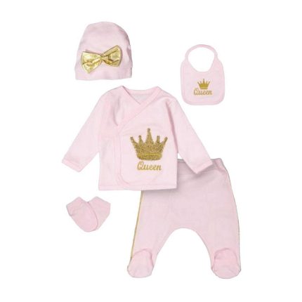👑 Baby Girl “Queen” 5-Piece Outfit Set – Pink & Gold (0-3M)