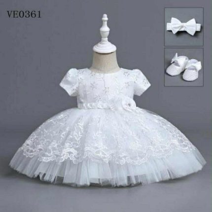 🤍 Baby Girls White Christening Party Dress with Shoes & Headband (6–24M)